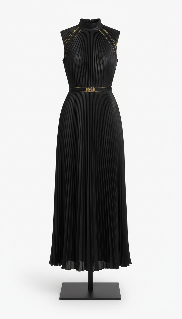 Onyx Black Pleated Silk Dress